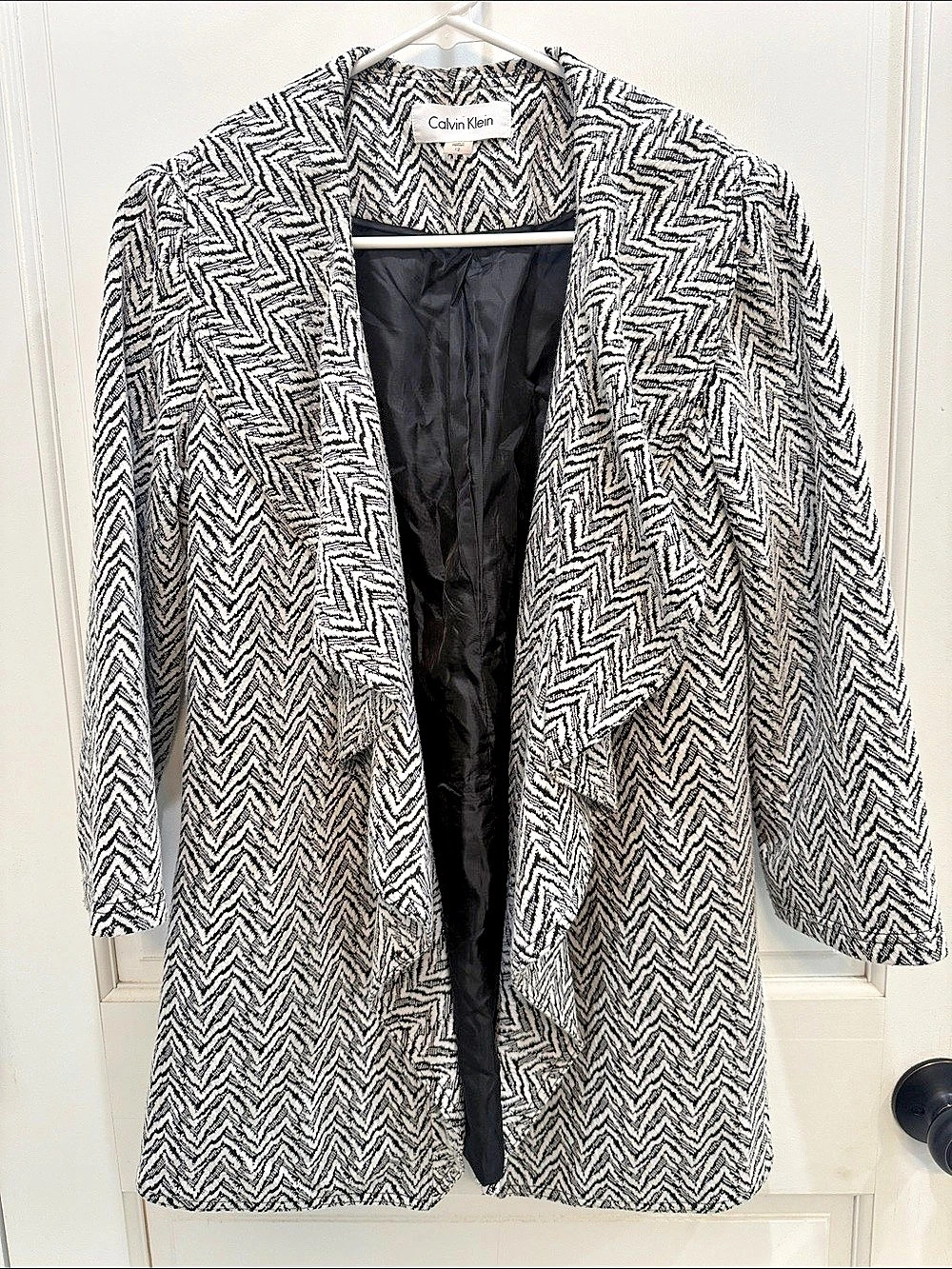 Calvin Klein Black White Chevron Open Front Draped Jacket Blazer Size 12